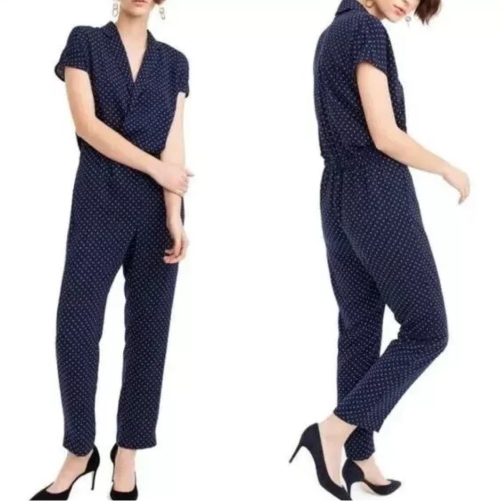 J. Crew Womens‎ Navy Faux Wrap Pinedot Jumpsuit Short Sleeve Size 0P